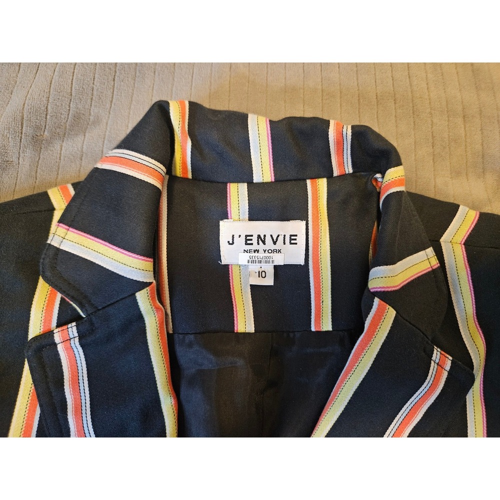 J'Envie New York Womens Striped Blazer Navy Orange Yellow Open Front Jacket 10 - Picture 2 of 10